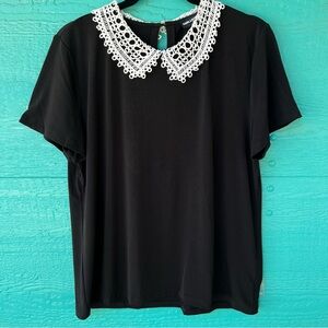 Karl Lagerfeld Lace Collar Blouse Black Short Sleeve Top Peter Pan SZ LARGE NEW